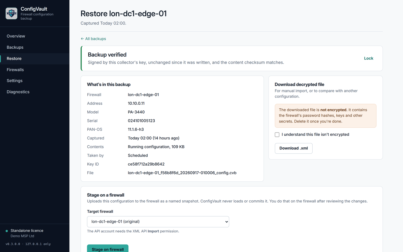 A verified ConfigVault backup showing firewall details and the option to stage it on a firewall