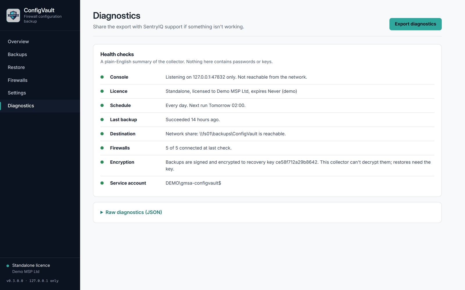 ConfigVault diagnostics with plain-English health checks