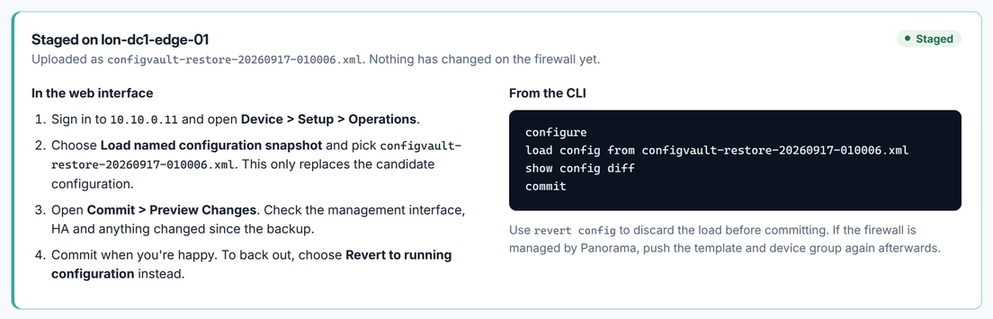 Restore staged on a firewall with web interface and CLI steps to load, review and commit