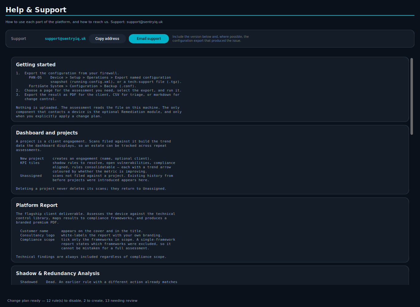 Sentry One help and support screen